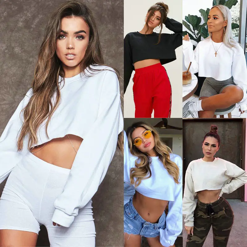 Women Casual Long Sleeve Sweatshirt Solid Color Round Neck Crop Top Pullover Hoodies Streetwear for Spring Autumn