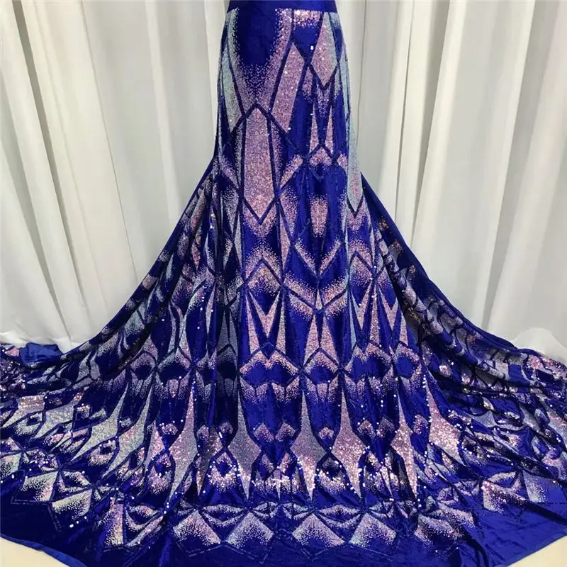 

Latest African lace fabric High Quality Velvet Lace Fabric With Sequins royal Blue Nigerian Lace Fabrics For Wedding dress 5yard