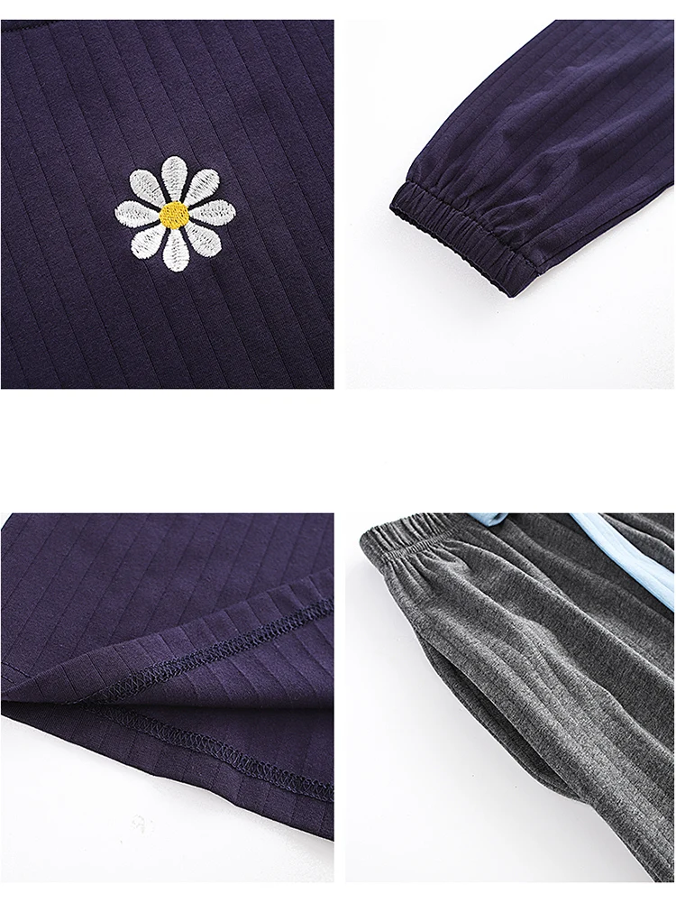 

New Daisy Printed Women's Pajamas Soft Simple Pijamas Cute Casual Pyjama Cotton Sleepwear Long Sleeves Long Pants Nightwear 2PC