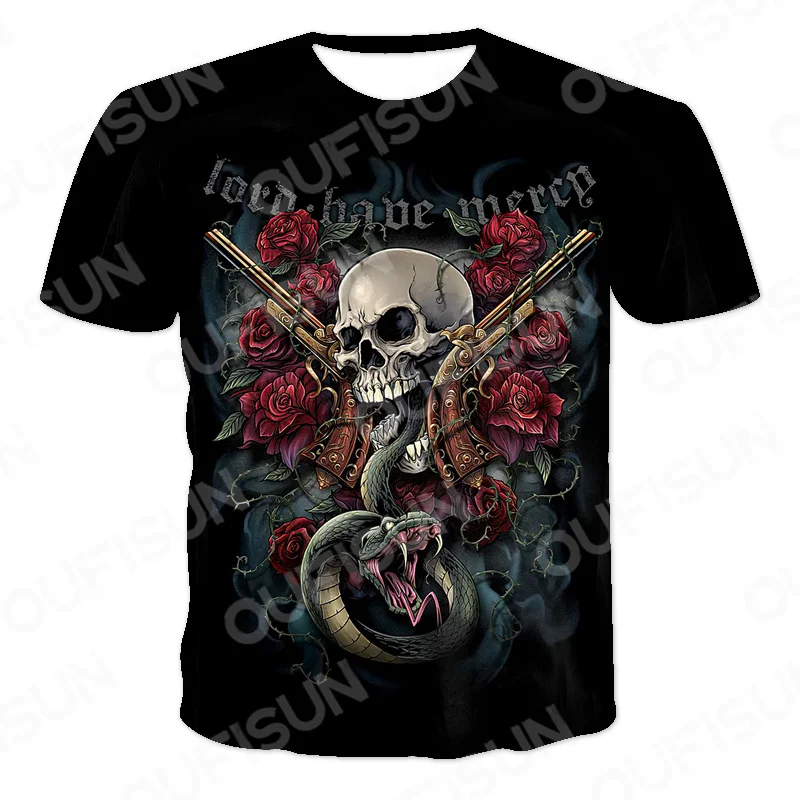 

Summer New 3d Printing Horror Skull And Snake Men And Women Comfortable T-Shirt Fashion O-Neck Short Sleeve Punk Oversized Tops