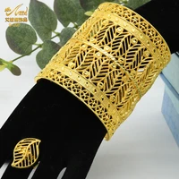aniid dubai luxury bangle with ring for women african gold plated cuff bracelet nigerian wedding leaf pattern indian jewellery