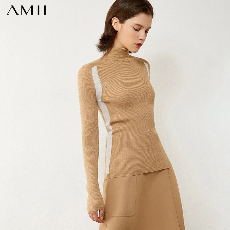 

Amii Minimalism Autumn Winter Sweaters For Women Fashion Patchwork Slim Fit Women's Turtleneck Sweater Female Pullover 12040497