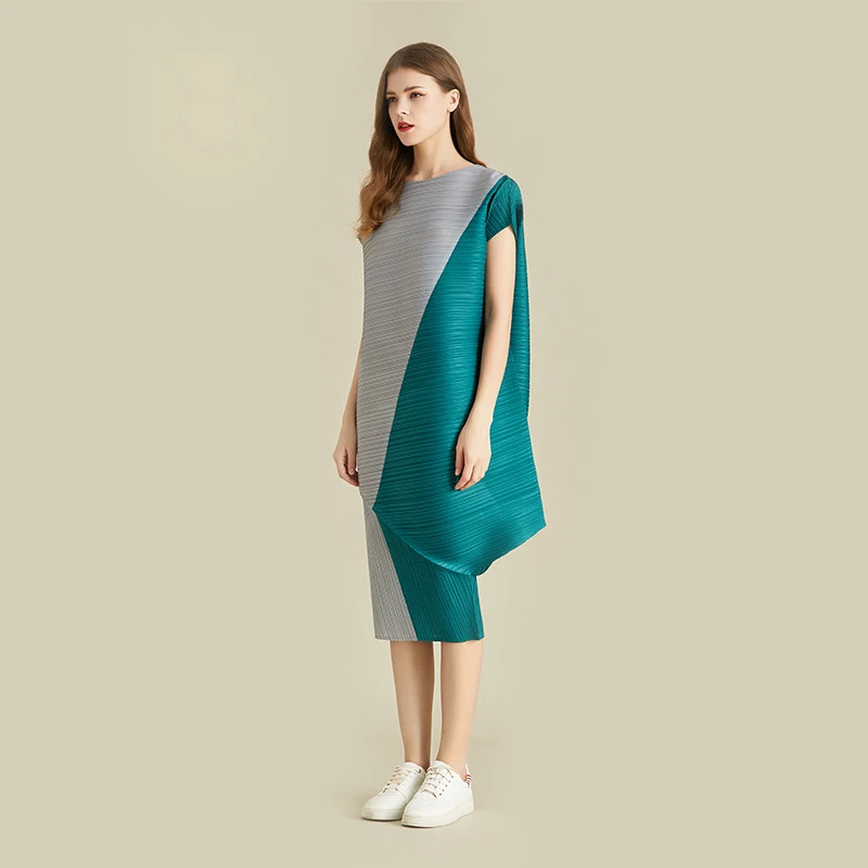 LANMREM летнее Новое асимметричное цветное лоскутное плиссированное платье famale 2021