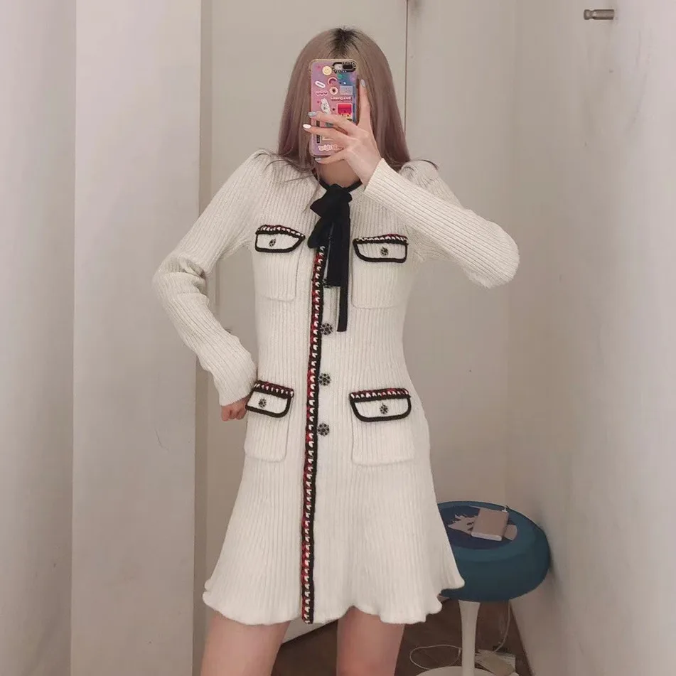 

2021 Early Autumn New Woven Trimming Blended Crystal Buckle Bow Tie Slim Knit Women Dress