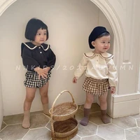 2021 new baby long sleeve clothes set infant girl navy collar shirts pp pants baby 2pcs suit autumn cotton toddler boy set