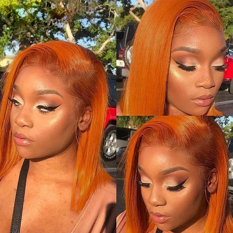 

180% Density Ginger Orange Blunt Short Bob Straight Synthetic Lace Front Wig For Women Pre Plucked With Baby Hair Glueless Wig