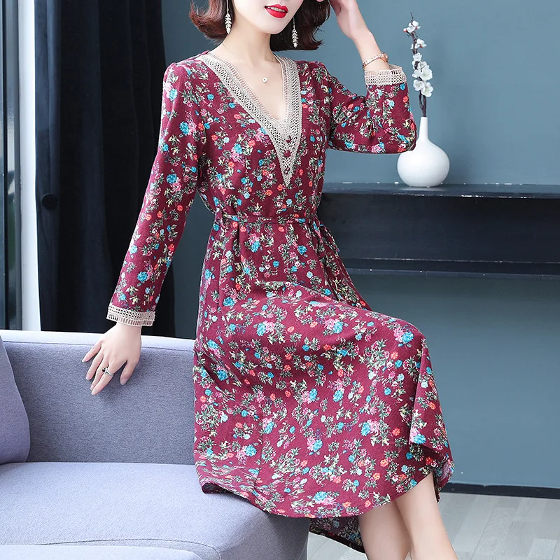 

Cotton and linen dress spring and autumn new fashion retro printed slim dress large size M-3XL high quality and elegant vestidos