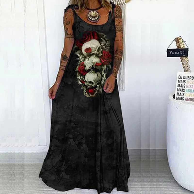 

Fashion Vintage Punk Skull Print Party Dress Women Elegant O-Neck Sleeveless Sling Long Beach Casual Loose Long Summer Dress