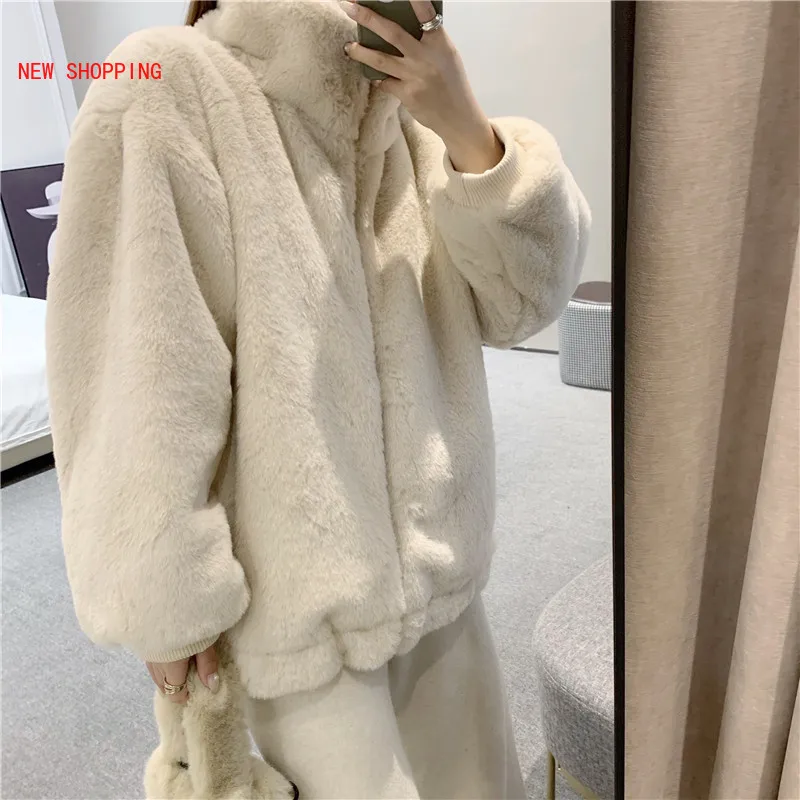 Beige Stand Collar Short Faux Fur Coat Thick 2022 New Winter Warm Plush Women's Jacket Korean Elegant Zipper Furry Outwear Pink