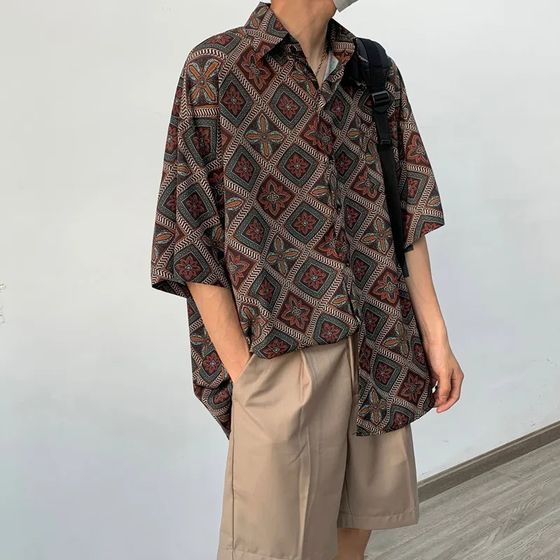 

Origin men's summer drape pattern shirt loose Lapel men's 5-point sleeve shirt