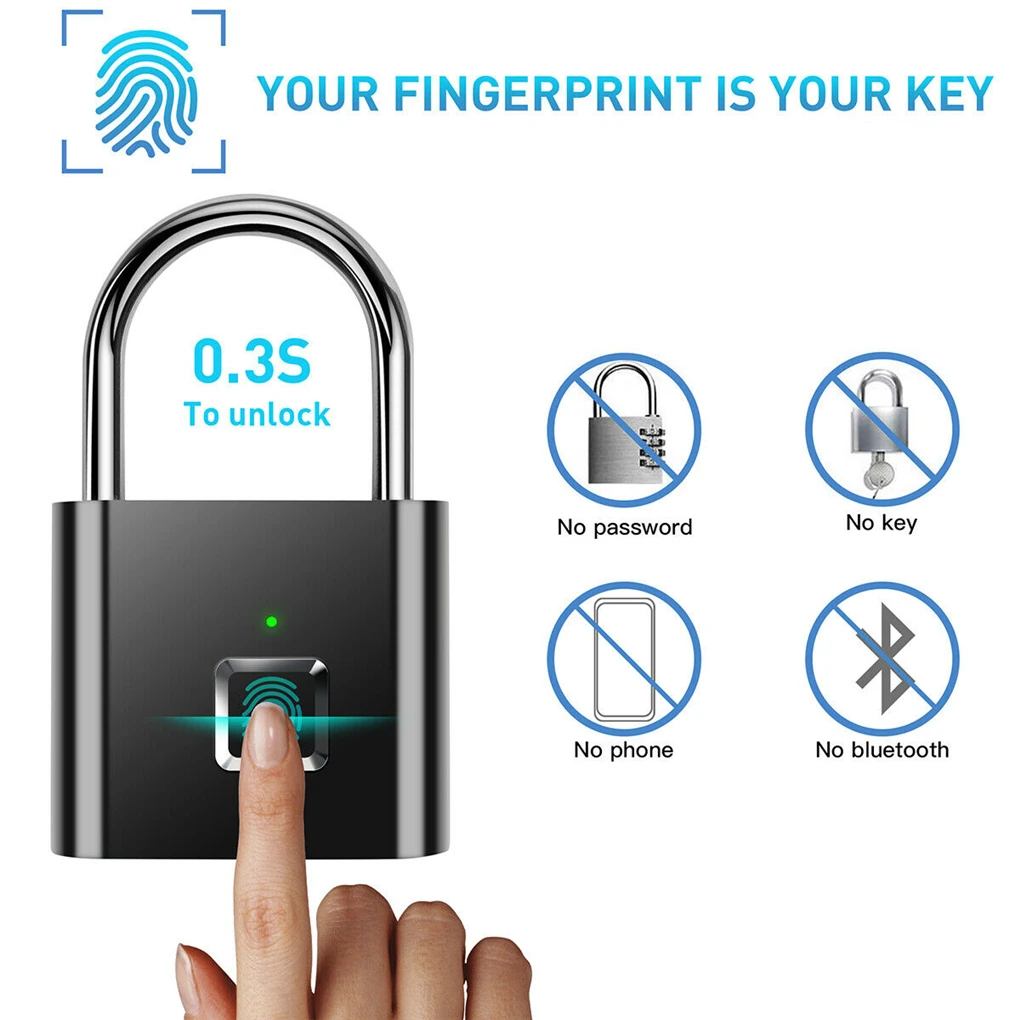

Fingerprint Smart Padlock Keyless USB Rechargeable Door Lock Quick Unlock Zinc alloy Self Developing Chip USB password lock