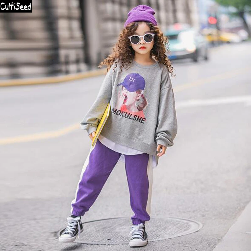 

Cultiseed Girls New Autumn Hoodies Sets Suit Big Children Girl Cartoon Print Top+Long Pant 2pc Set Kids Sport Loose Casual Sets