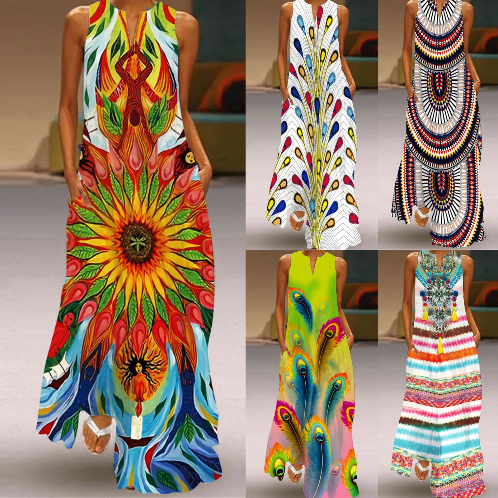 

40# Summer Print Sleeveless Maxi Dress Party V-neck Cami Dress Vintage Evening Party Dresses Plus Size Pocket Robe Vestidos