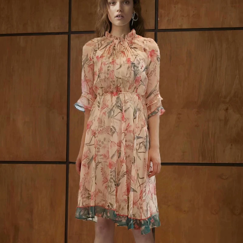 

Vintage Floral Print Chiffon Dress Women Boho Half Flare Sleeve Bohemian Dress High Waist Casual Summer Dresses 2020 Female Robe
