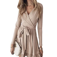 2021 fall womens v neck ruffled long sleeve party dress elegant fashion chic pure color pleated dress