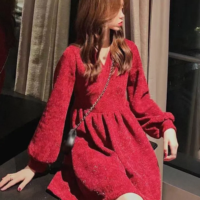

Women's Cotton Temperament A-Line Party Dress Spring Autumn Korean Style New Style V-Neck Shiny Waist Long-Sleeved Dress