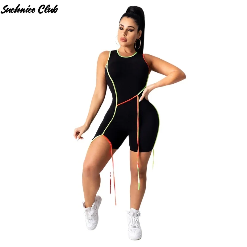 

Sexy Playsuit Slim Patchwork Contrasting Color Sports Rompers Women Summer Jumpsuit One Piece Outfit