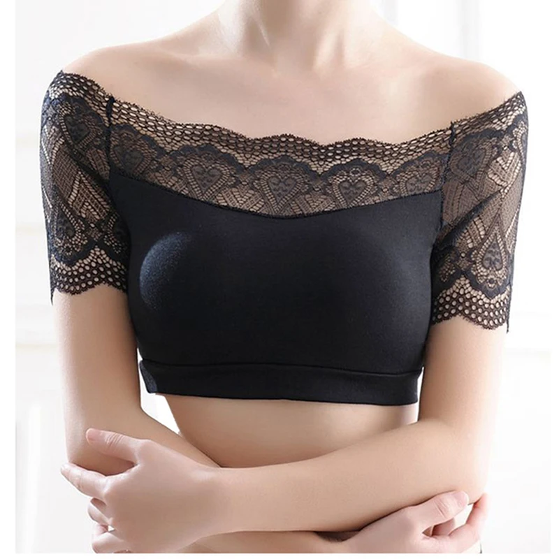 

Women Intimates Bra Tops Female Seamless Tube Top Slash Neck Sexy Lace Chest Strapless Basic Tops Black White Color
