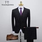 Мужской Клетчатый костюм-тройка TIAN QIONG, черный облегающий Свадебный костюм для жениха, брендовая одежда, мужские деловые костюмы высокого качества