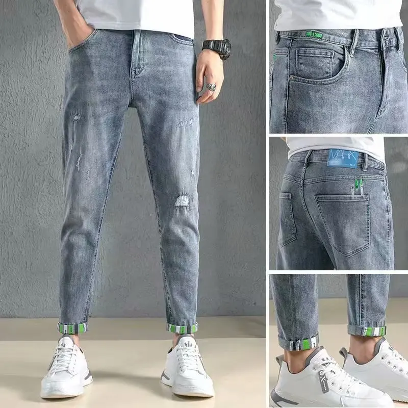 

Denim Jeans men's spring and summer 2021 Korean men's slim feet stretch retro new trendy brand ripped teen pencil pants