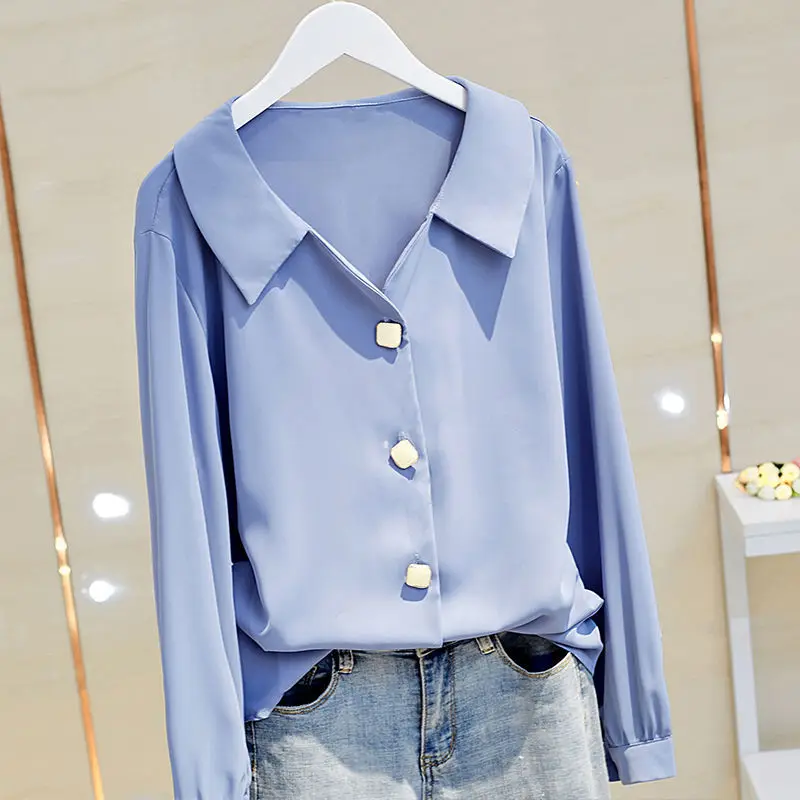 Women 2021 Spring Autumn New V-neck Chiffon Shirts Female New Long-sleeved Loose Blouses Ladies Solid Color Buttons Shirts V847