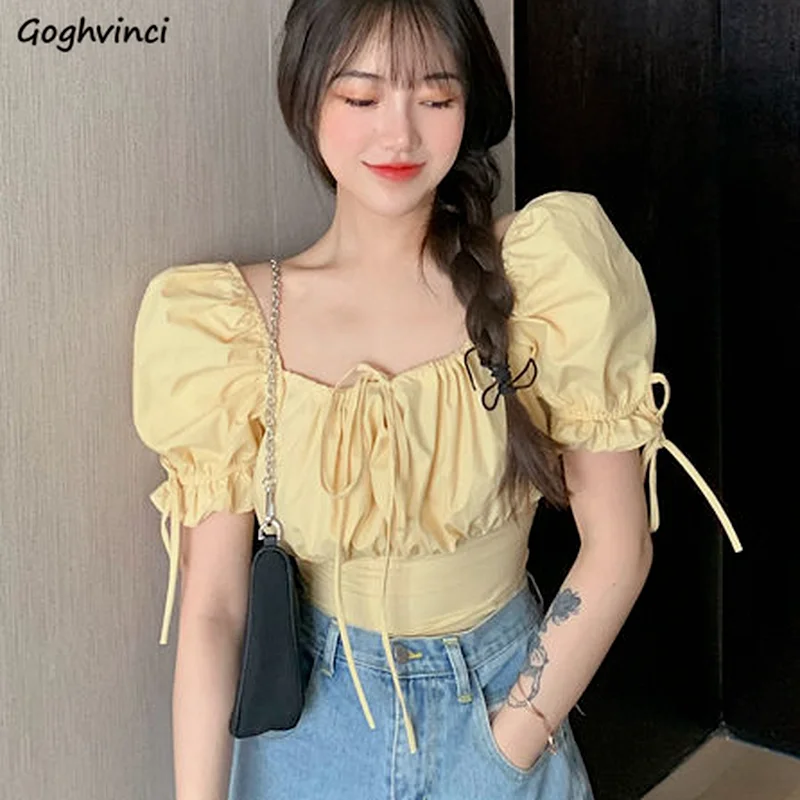 

Blouse Women Solid Color Cute Tops Female Puff Sleeve Bandage Sweet Maiden Simple Crop Slim Ladies Korean Style Clothes Fashion