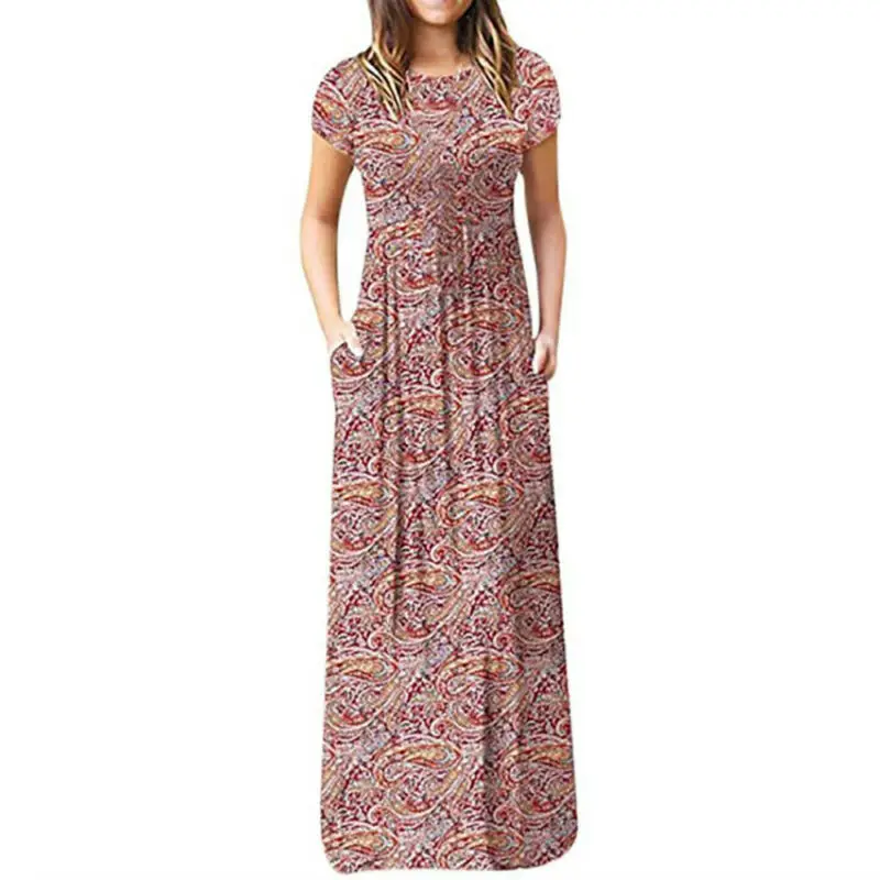 

Женское Повседневное платье с цветочным принтом, длинное платье с круглым вырезом и коротким рукавом, сарафан в пляжном стиле, летнее винта...