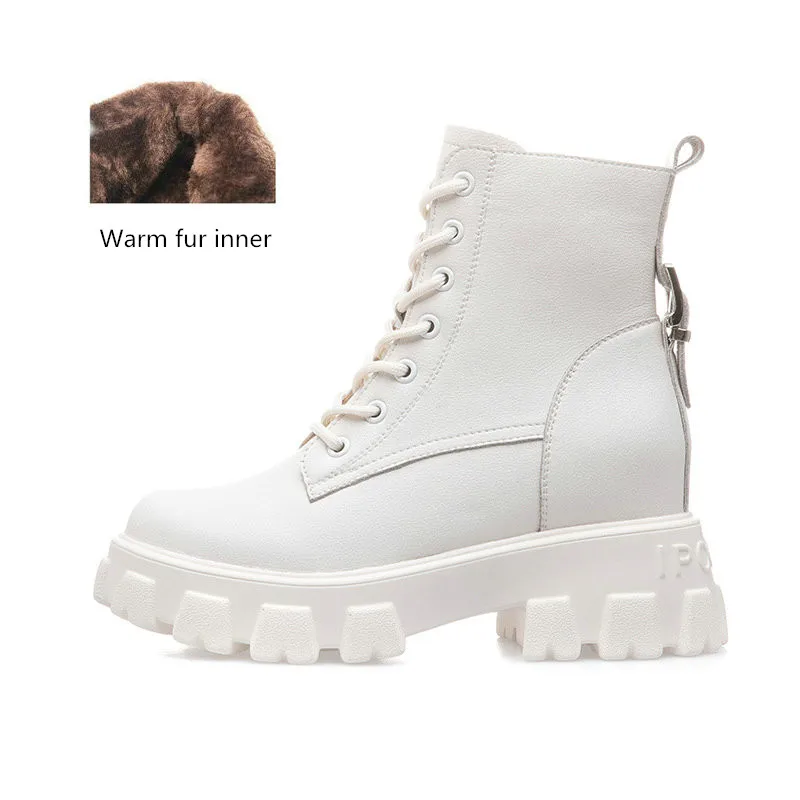 White-fur inner Женские ботинки из воловьей кожи наивысшего качества зимние ботинки, увеличивающие рост зимние ботинки теплая удобная женская обувь на меху - Цвет: White-fur inner