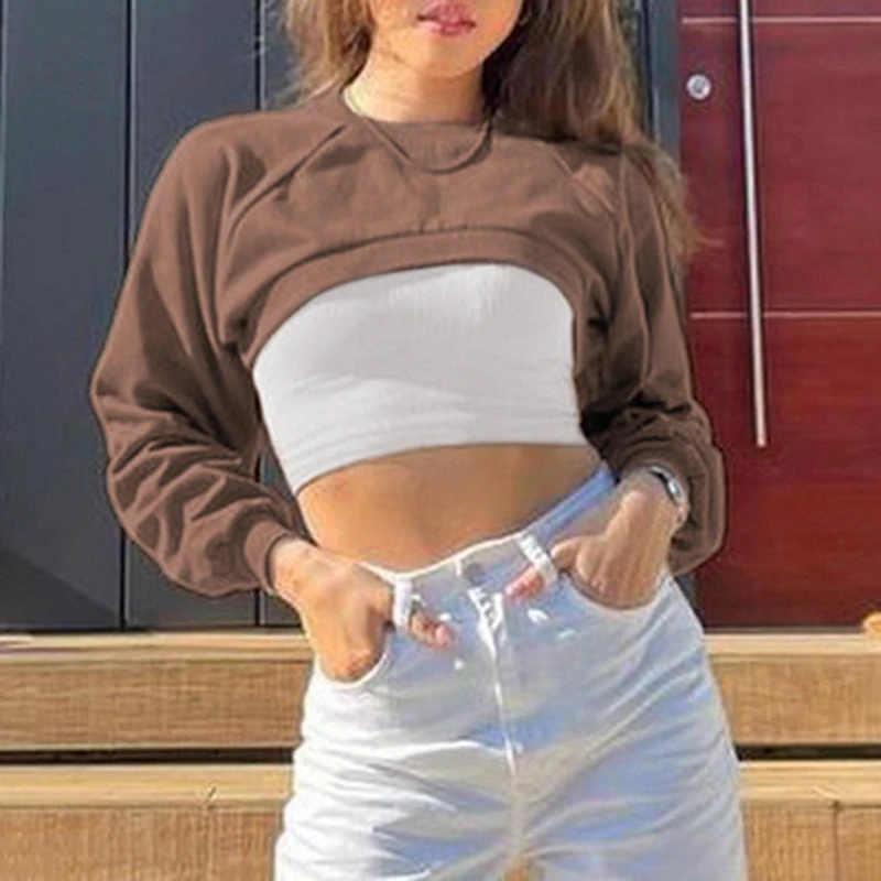 HEYounGIRL Brown Y2K Casual Crop Top Hoodie Sweatshirt Korean Fashion Long Sleeve Women Sweetshirts 2000s Aesthetic Pullovers
