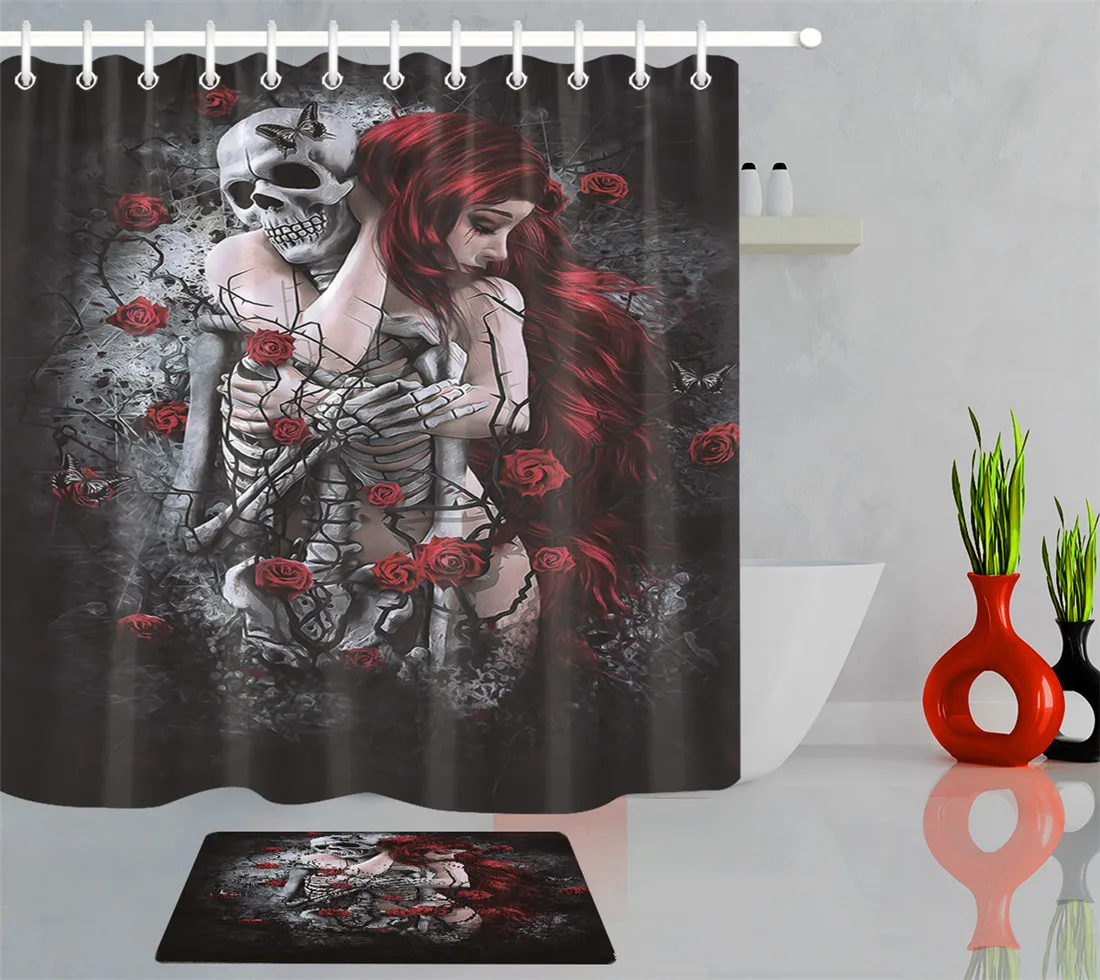 Занавеска для душа на Хэллоуин с красными волосами орнамент в виде скелета декор