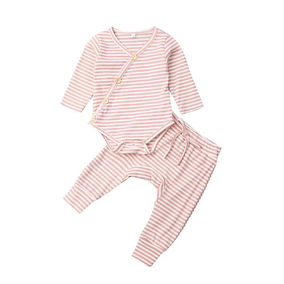 2Pcs Newborn Baby Girl Boy Cute Striped Buttons Knitted Long Sleeve Romper Playsuit Top Pants Trouser Outfit Clothes Set | Детская
