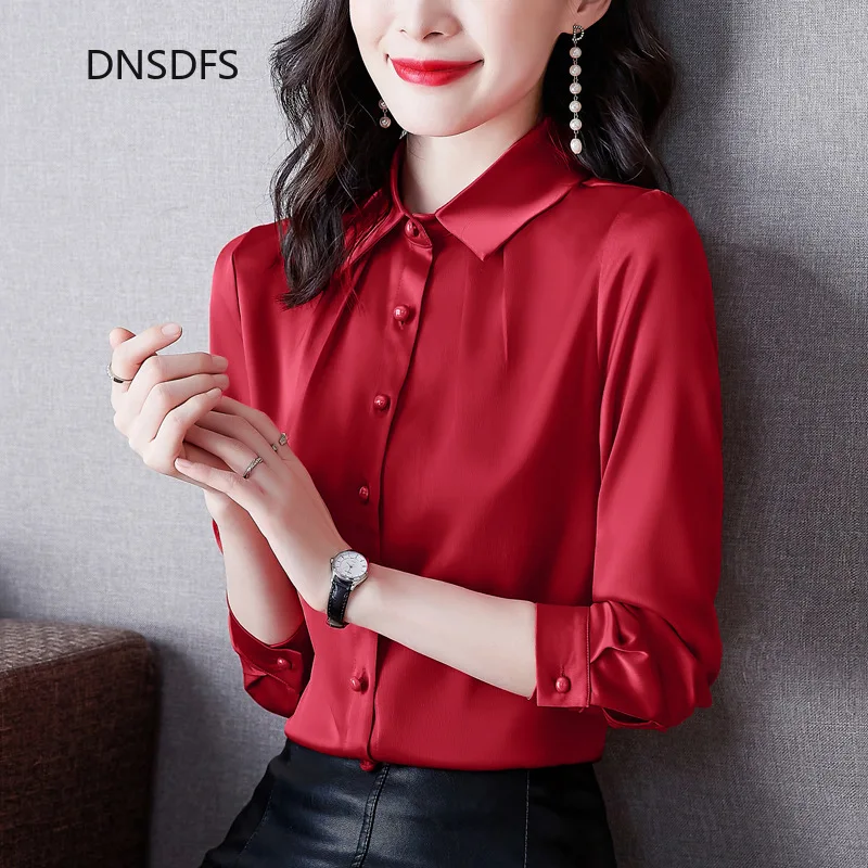 

Faux Silk Shirt Women Long Sleeve Tops Spring Button Up Shirts Fashion Office Blouse Work White Slim Tops Chiffon Blouses Blusas