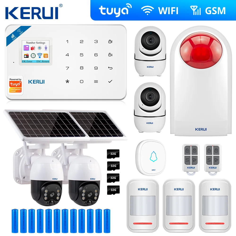 

Комплект охранной сигнализации KERUI Tuya, Wi-Fi GSMHome охранная система, занавеска с датчиком движения, беспроводная IP-камера с солнечной сиреной