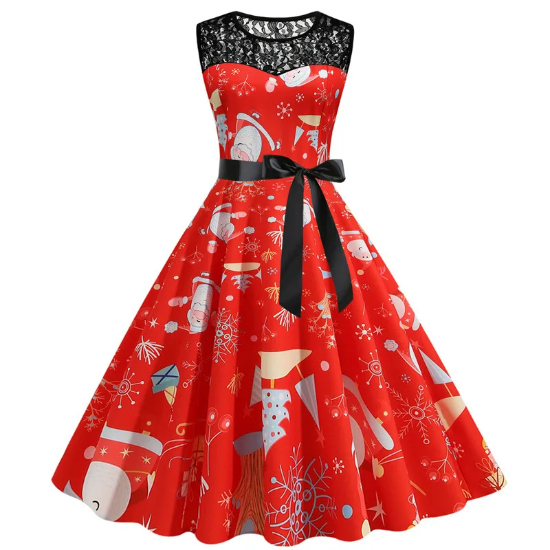

Sleeveless Women Christmas Dress Vintage Elegant Print Big Swing Lace Party Sundress Xmas New Year Winter Clothes Costume