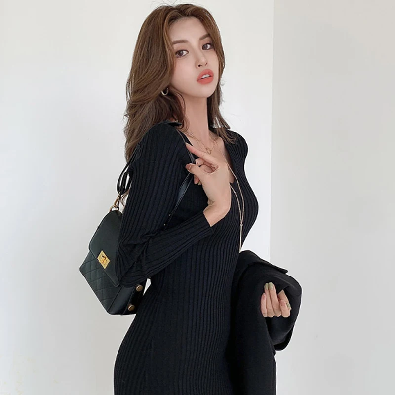 

Real shot 2020 Autumn and winter fragrance pocket slim sweater knitted slim dress