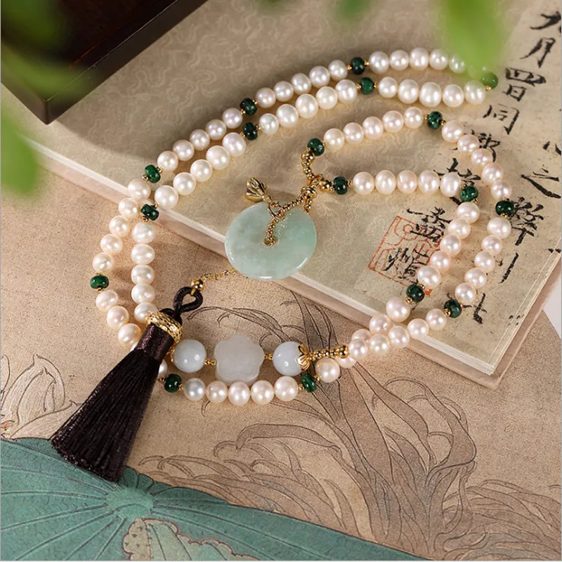 Женские ожерелья с изумрудами из нефрита натуральным жемчугом топ класса люкс