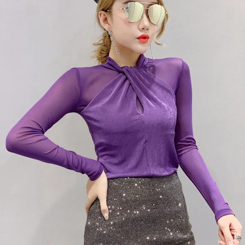 Chemisier Femme, новинка, сетчатая однотонная женская блузка с длинным рукавом, топы, повседневная приталенная рубашка с круглым вырезом, женская одежда, осень 7300 50