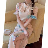 cheongsam young girl 2021 new modern wind trumpet sleeve mid length slim side split dress