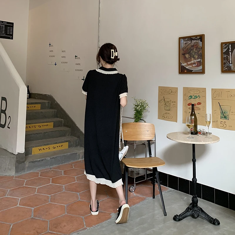 

COIGARSAM Women Long Dress Summer Patchwork Loose Solid Chiffon Peter Pan Collar Black Dresses Traf Robe Vestidos