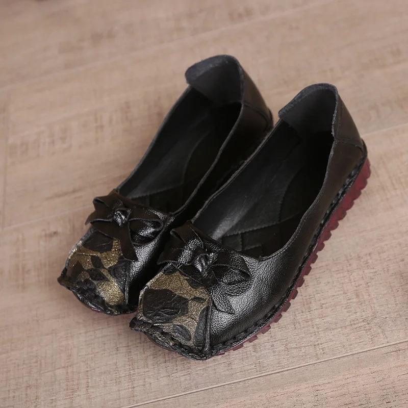 

Spring 2019 new top layer cowhide mother shoes tendon flat bottom round head shallow mouth bow national style single shoes