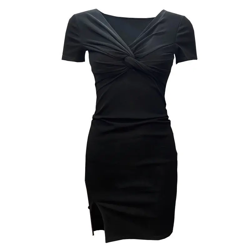 

Pleated Summer Low Cut V-neck slim black skirt women's new sexy waist slit skirt hip dress