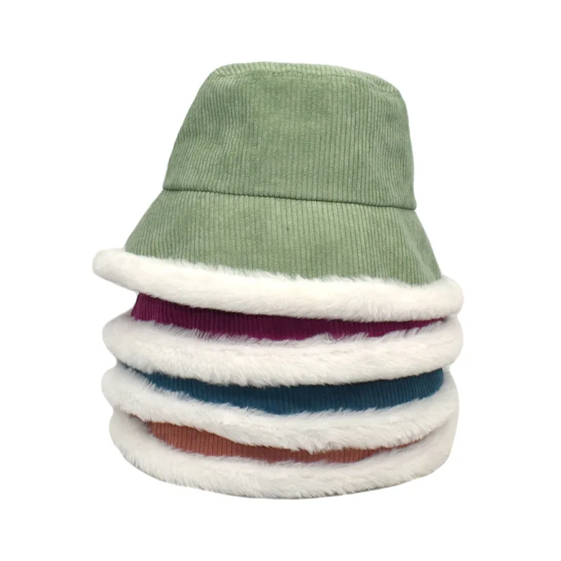 

2021 New Bucket Hat Corduroy Winter Lamb Wool Millinery Men's Panama Outdoor Warm Flat Top Fisherman Panama Cap