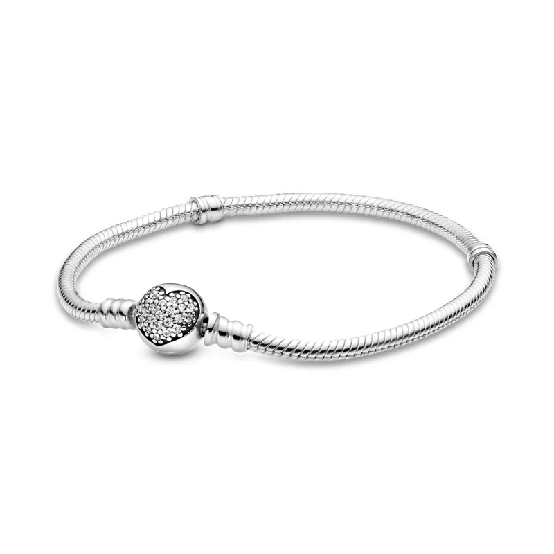 

Hot Sale 925 Sterling Silver Sparkling Heart Clasp Snake Chain Bracelet For Women For Original DIY Charm Beads Jewelry