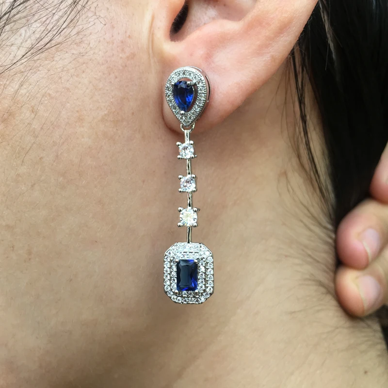 

CSJ New Stylish Created Blue Crystal Drop Earring Oct 4*6mm Cut Fine Charm Jewelry for Women Party Gift in Box free express