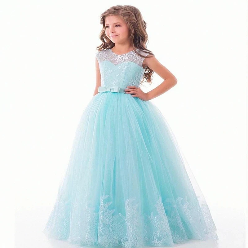 

Sky Blue Flower Girl Dresses Fluffy Lace For Tulle Sleeveless Applique Dress Girl First Holy Communion Pageant Dresses