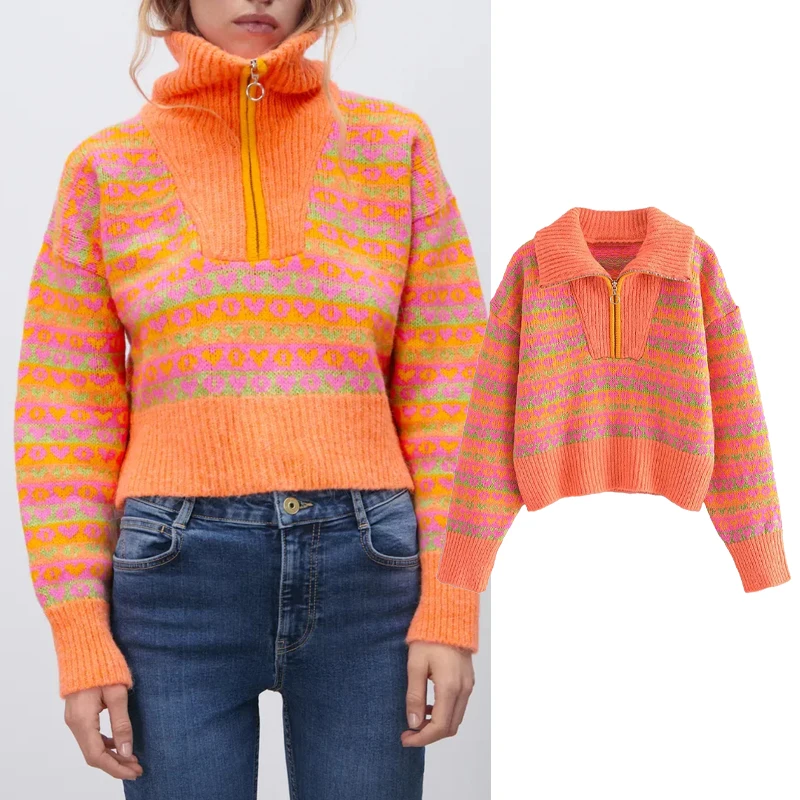 

Za Women Sweater Knitted Pullover Oversize Warm Winter Woman 2022 V Neck Jumper Fashion Vintage Printed Long Sleeve Sweater