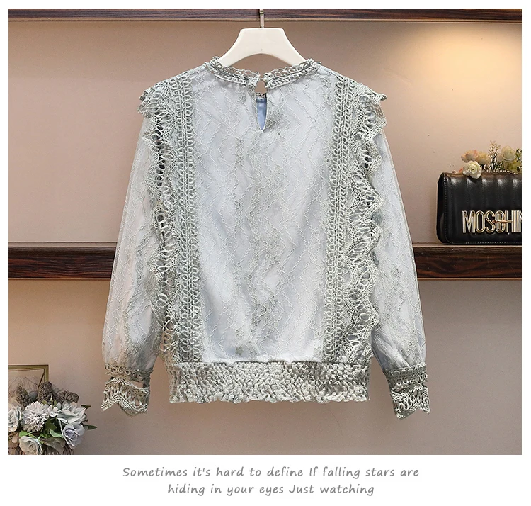 L-4XL размера плюс, Женская кружевная блузка, зима, модные кружевные вязанные крючком Лоскутные с длинным рукавом, утолщенные элегантные рубашки, женские топы