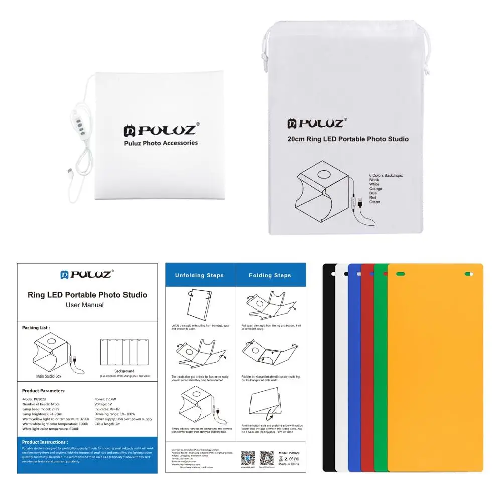 PULUZ 20 см фото съемки палатки кольцо LED панель коробка с 6 цветов фонов (черный белый