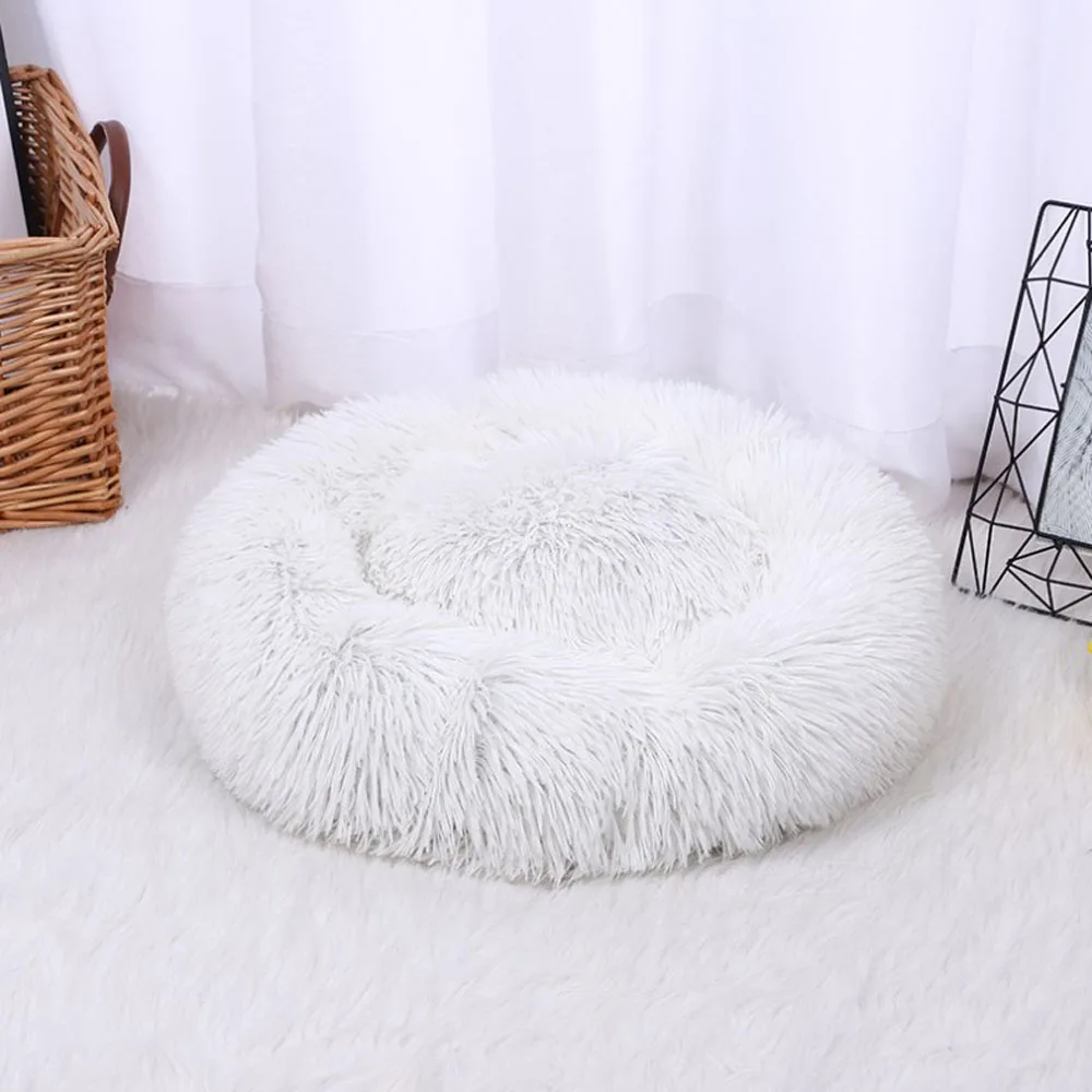 

6 Sizes Long Plush Round Dog Beds Basket Calming Bed Mats Hondenmand Pet Kennel Cats House Shag Vegan Donut Cuddler Cat Dog Bed