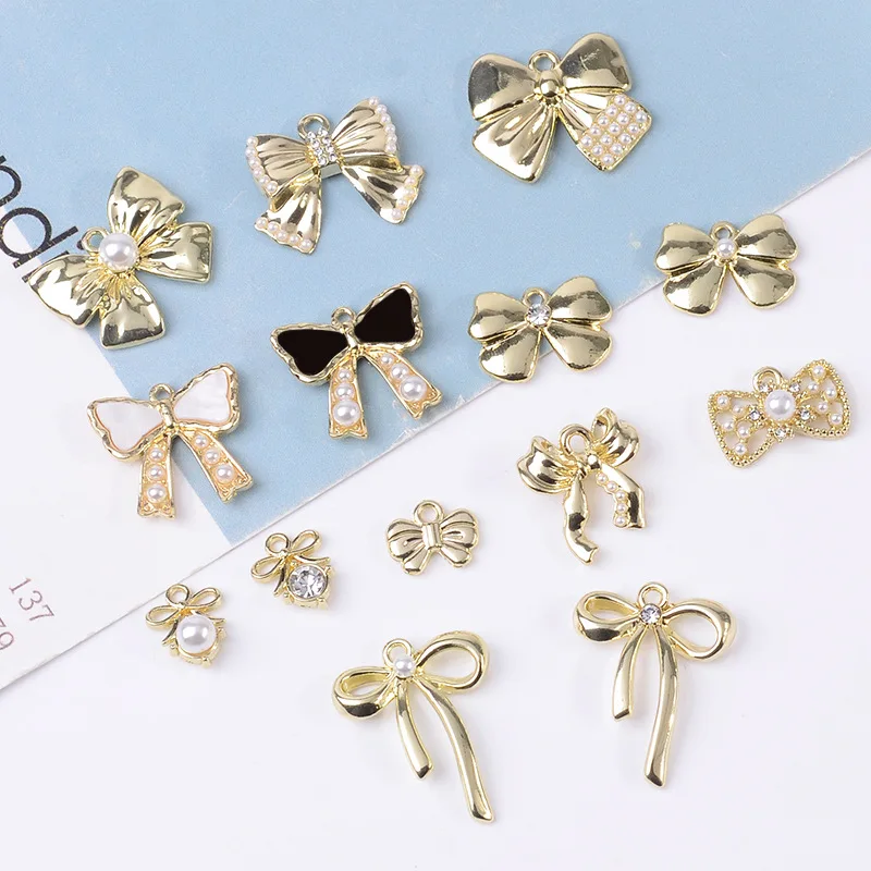 

5 Pcs16K Gold Bowknot Pendant Diamond Pearl Pendant DIY Button Earring Necklace Color Preservation Alloy Jewelry Accessories